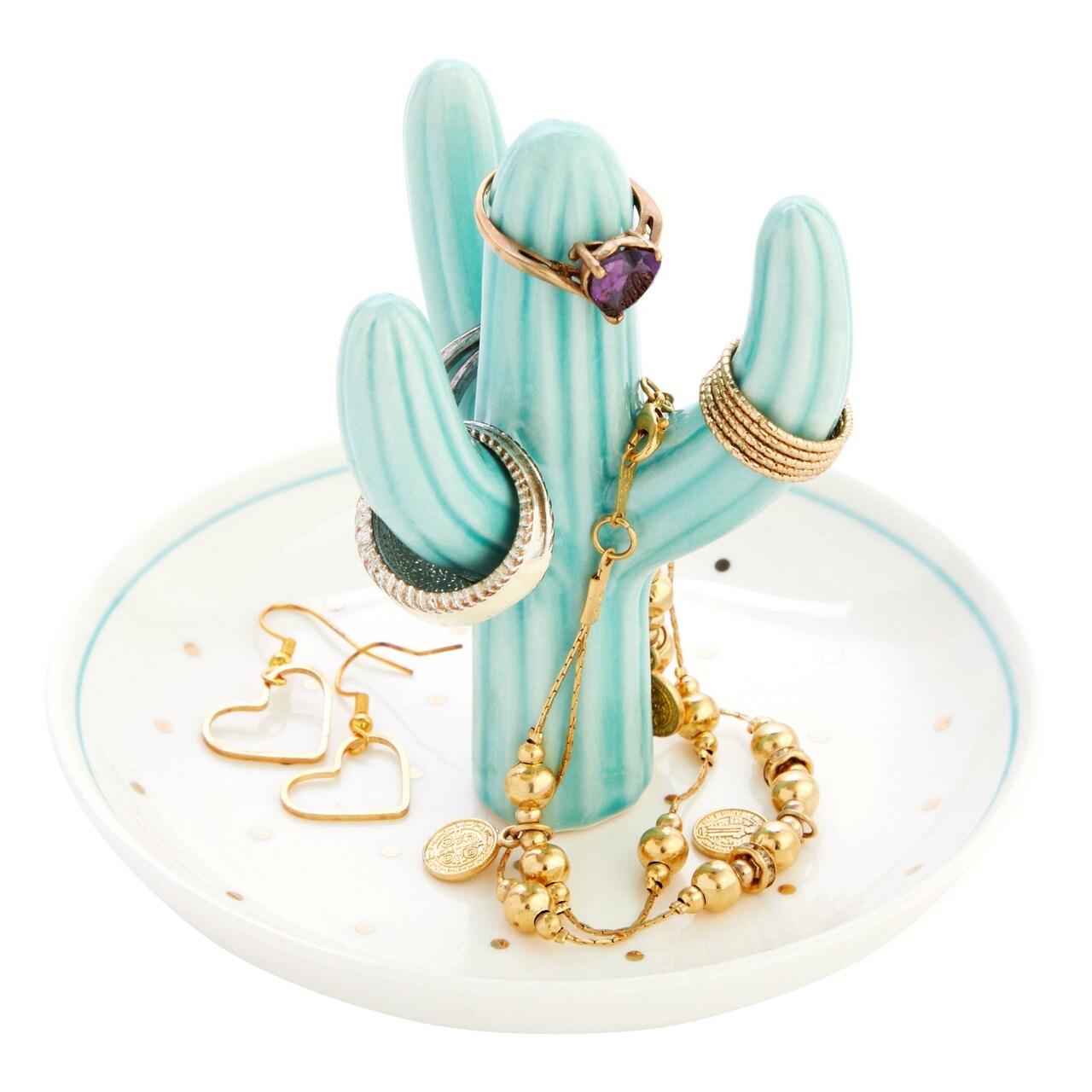 Cactus Ring Holder, Jewelry Organizer Dish for Women (Teal/White with Gold Foil Polka Dots, 5x4 in)